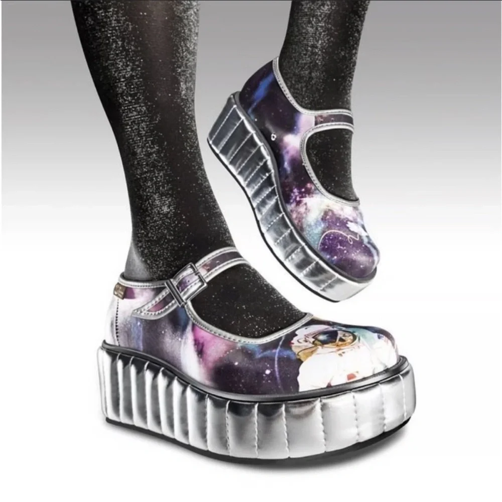 Galaxy Astronaut Platform Mary Janes - Silver Platform, Purple Galaxy Print - Picture 1 of 11